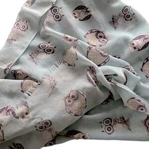 Large light blue whimsical Owl print lightweight fashion scarf. Eyelash fringes